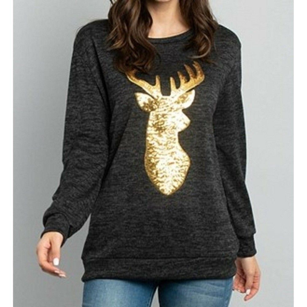 269 Sweater Deer Antlers Medium Charcoal Gray Brushed Gold Hacci Sequins